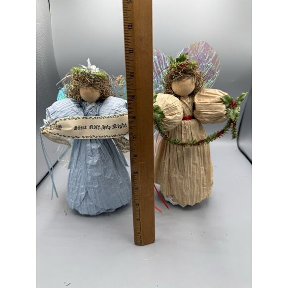 Vintage Handmade Christmas Angels Set of 2 Crepe Paper Halo Wings Silent Night - Picture 5 of 6